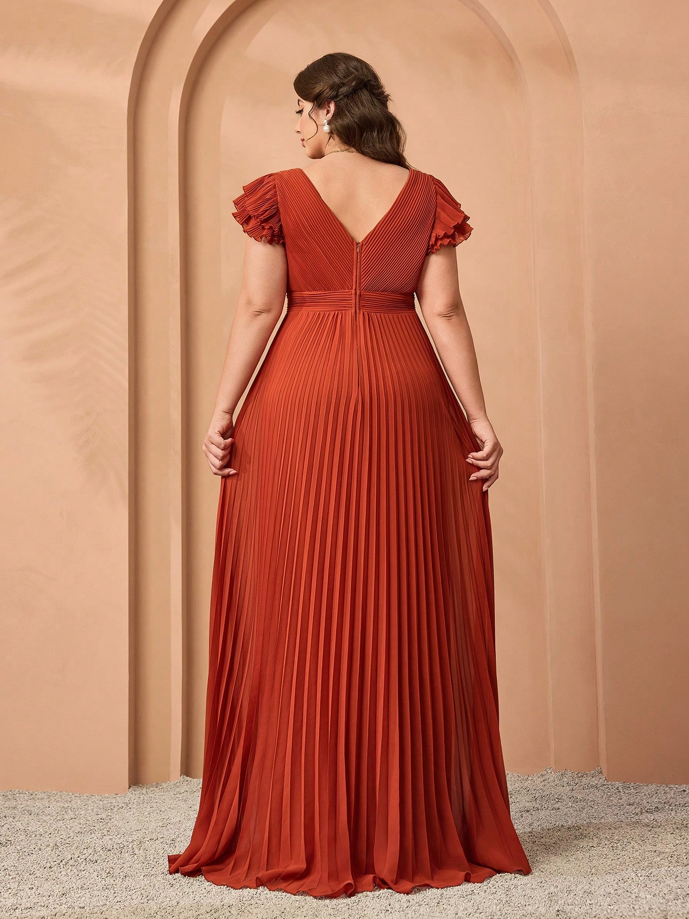 Leely Plus Women's Elegant V Neck Layered Sleeve Graduation & Prom Dress