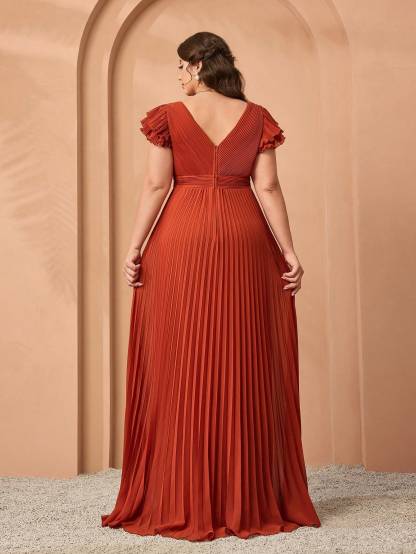 Leely Plus Women's Elegant V Neck Layered Sleeve Graduation & Prom Dress