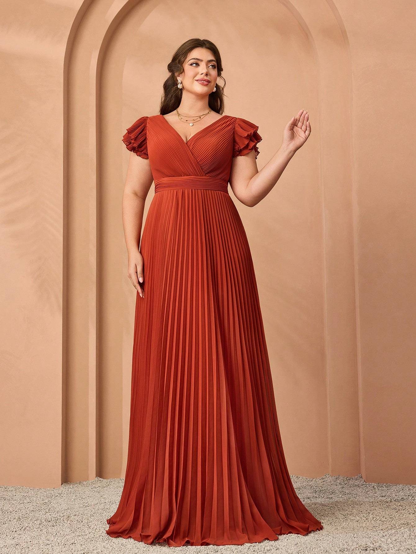 Leely Plus Women's Elegant V Neck Layered Sleeve Graduation & Prom Dress
