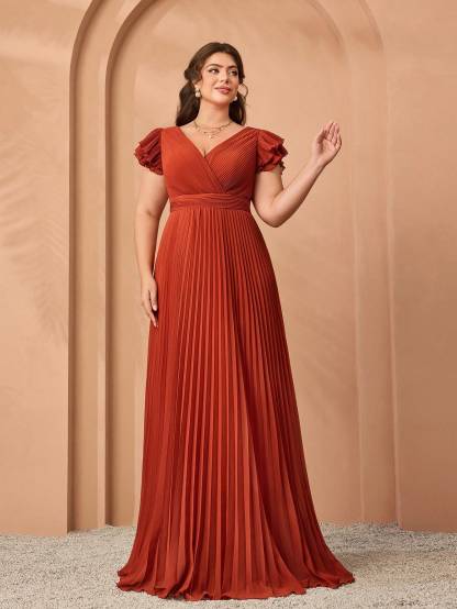 Leely Plus Women's Elegant V Neck Layered Sleeve Graduation & Prom Dress