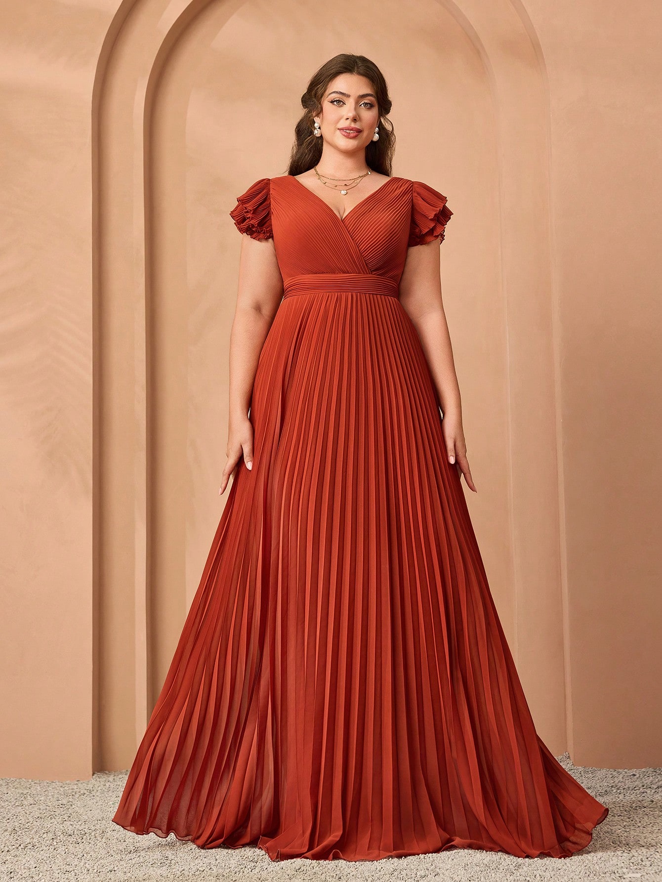 Leely Plus Women's Elegant V Neck Layered Sleeve Graduation & Prom Dress