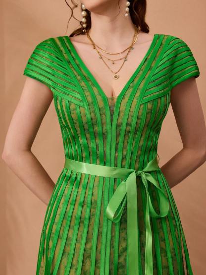 Leely Women's Elegant V Neck Cap Sleeve Party Dress