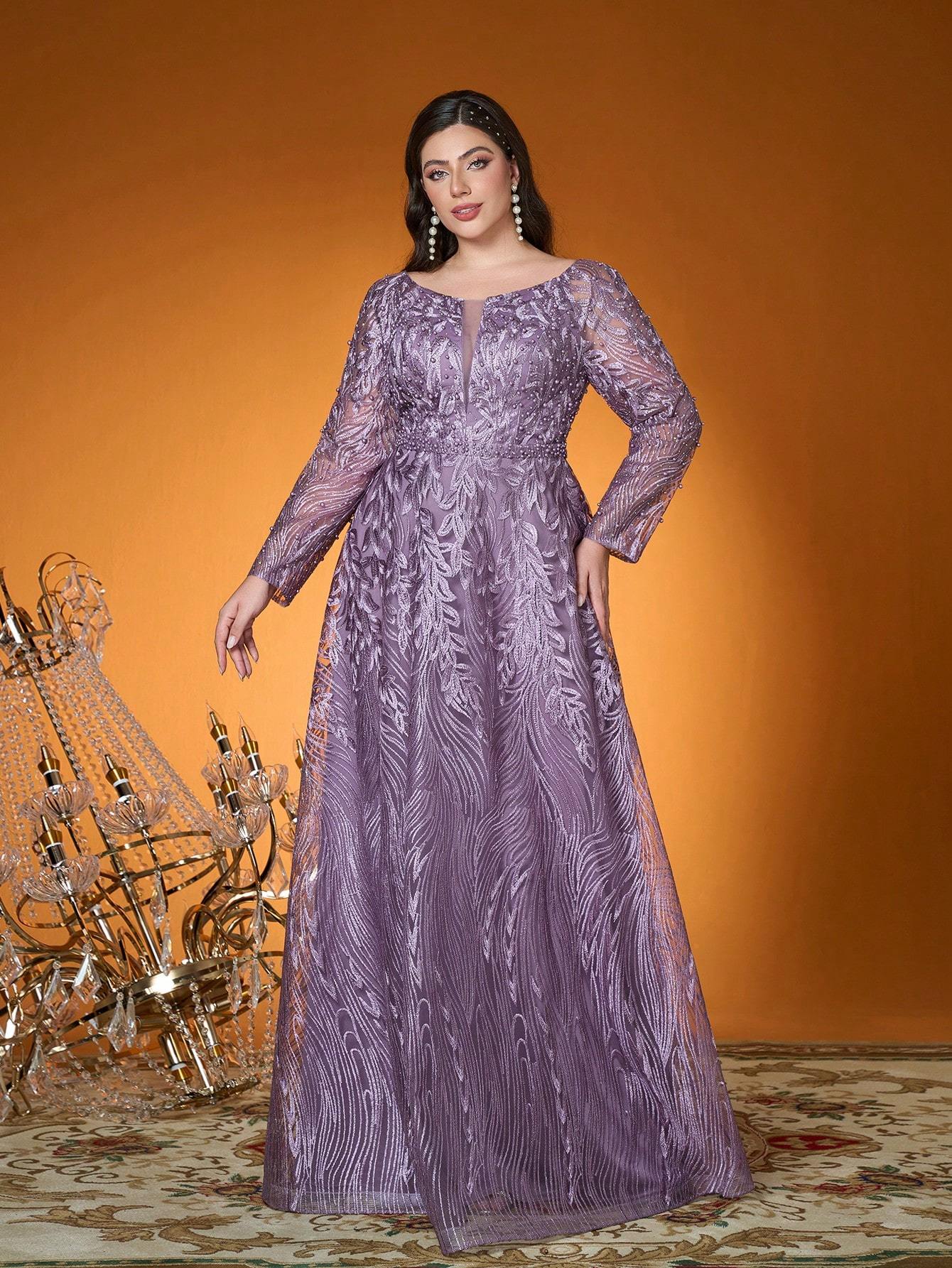 Leely Plus Women's Round Neck Long Sleeve A‑Line Party Dress