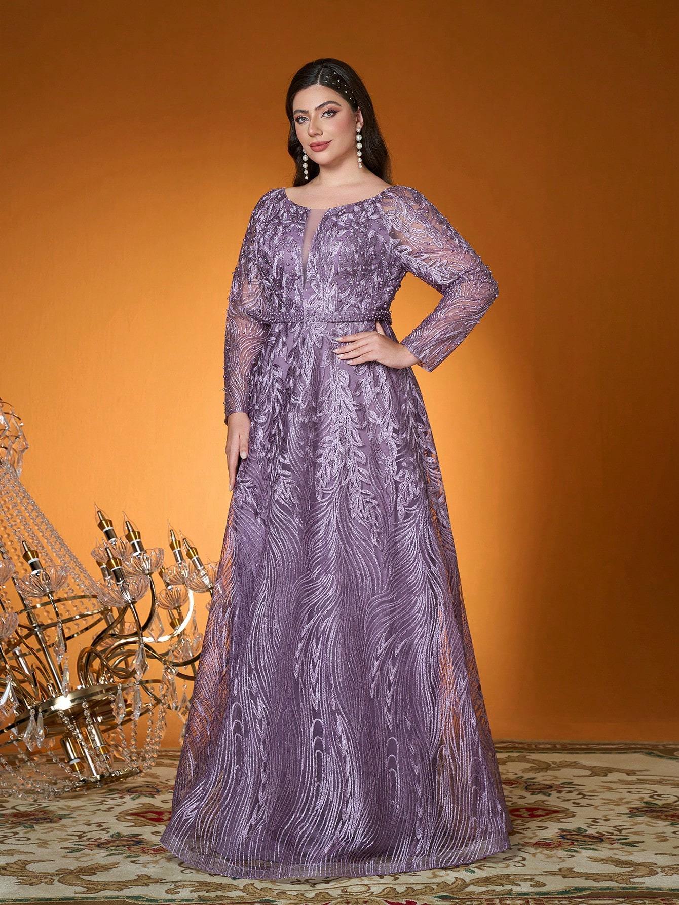Leely Plus Women's Round Neck Long Sleeve A‑Line Party Dress