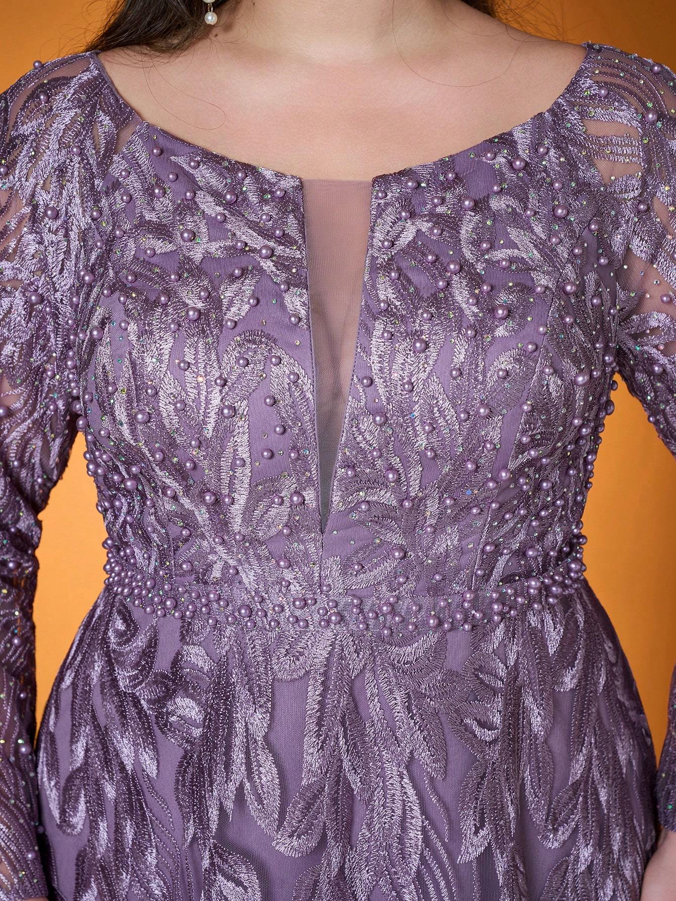 Leely Plus Women's Round Neck Long Sleeve A‑Line Party Dress