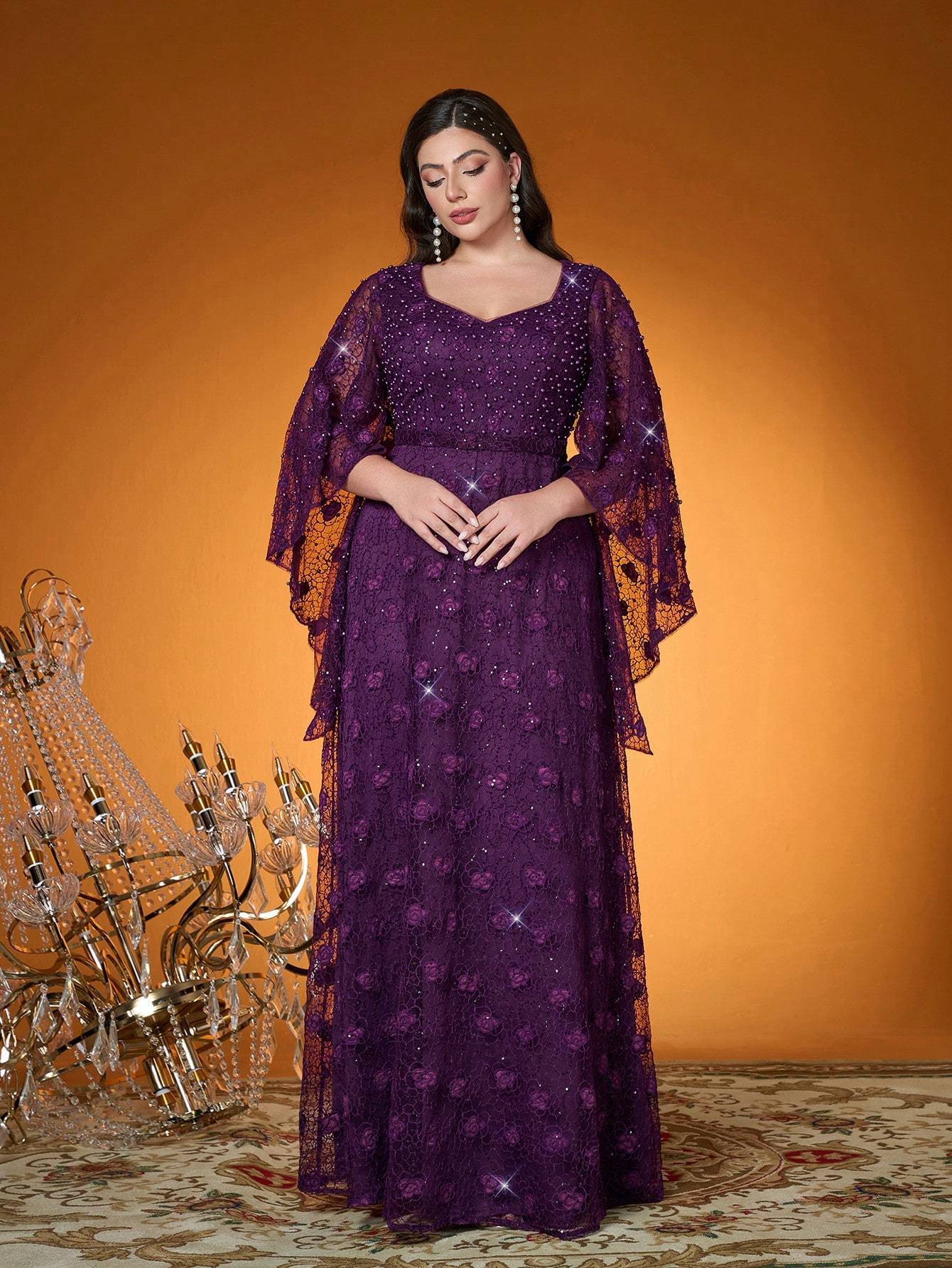Leely Women's Elegant Sweetheart Cloak Sleeve Lace A-Line Dress
