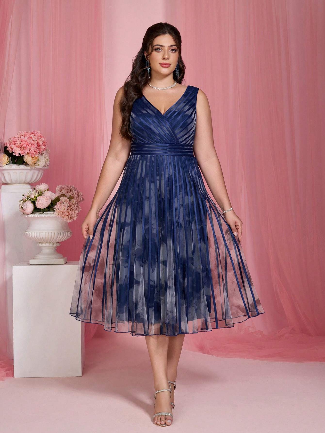 Leely Plus Women's Elegant V Neck Sleeveless A-Line Midi Dress