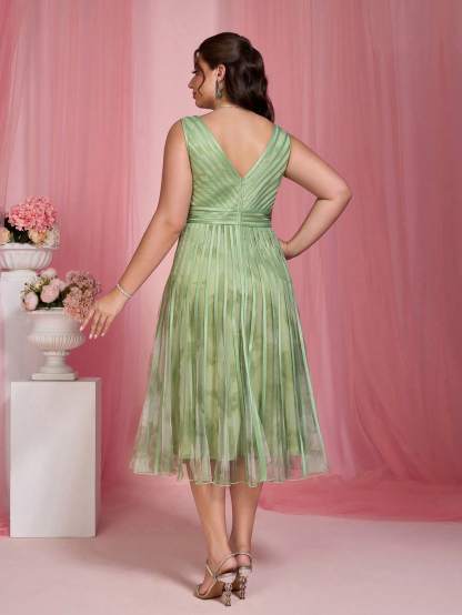 Leely Plus Women's Elegant V Neck Sleeveless A-Line Midi Dress