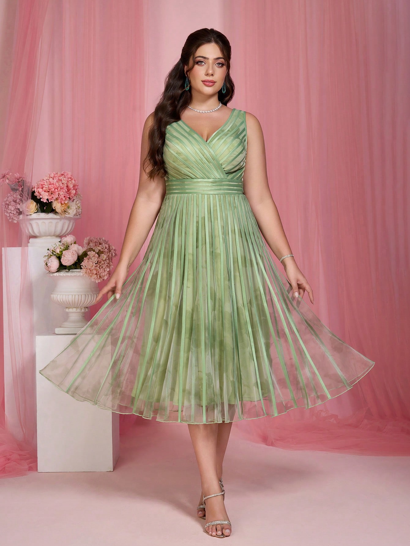 Leely Plus Women's Elegant V Neck Sleeveless A-Line Midi Dress