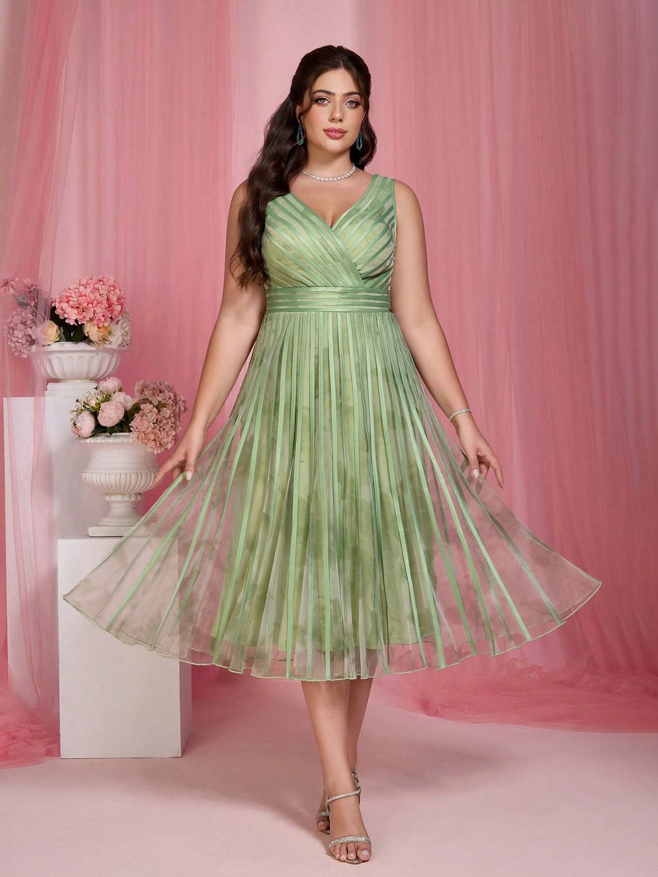 Leely Plus Women's Elegant V Neck Sleeveless A-Line Midi Dress