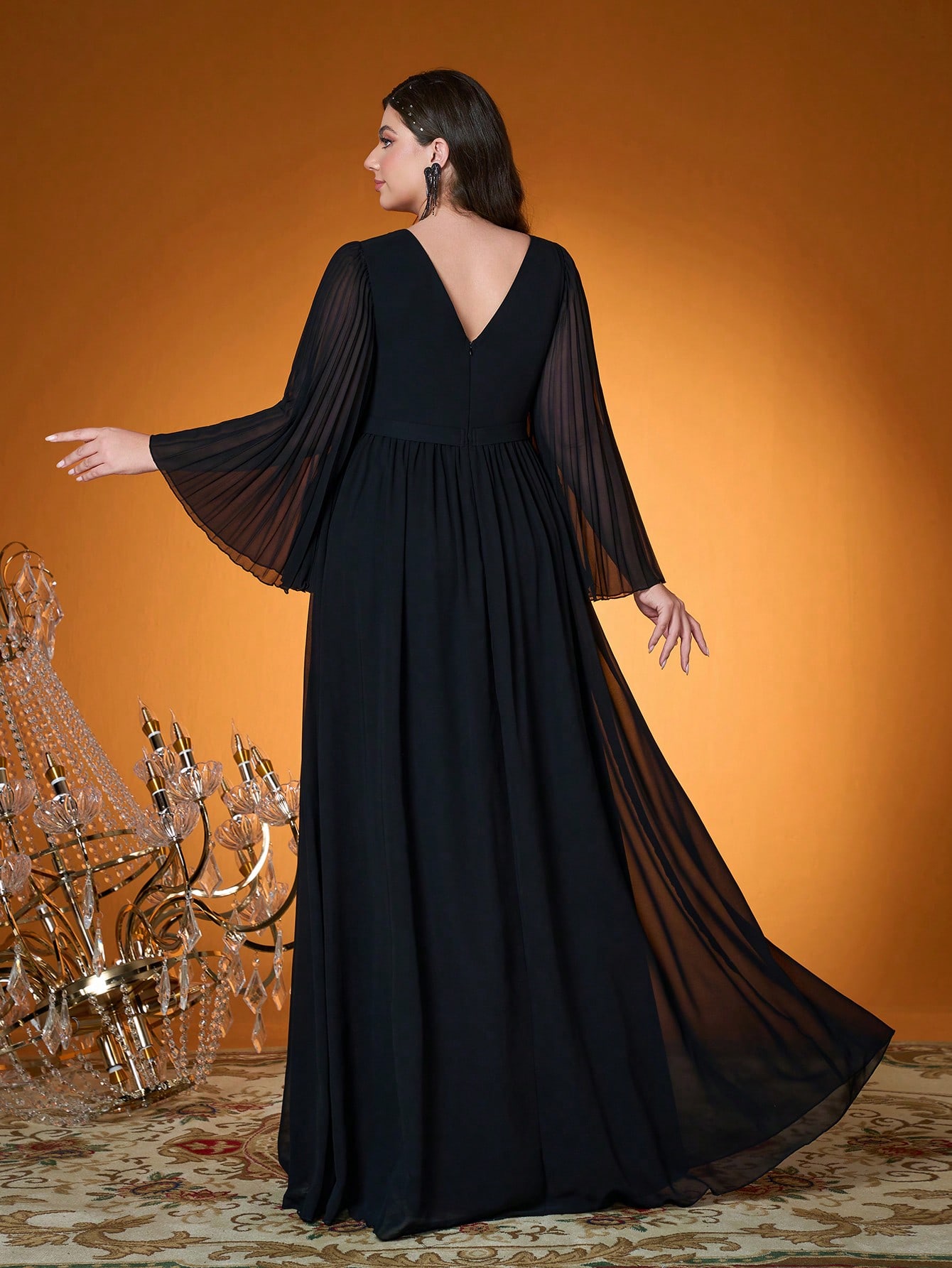 Leely Plus Women's Elegant V Neck Flare Sleeve Party Dress