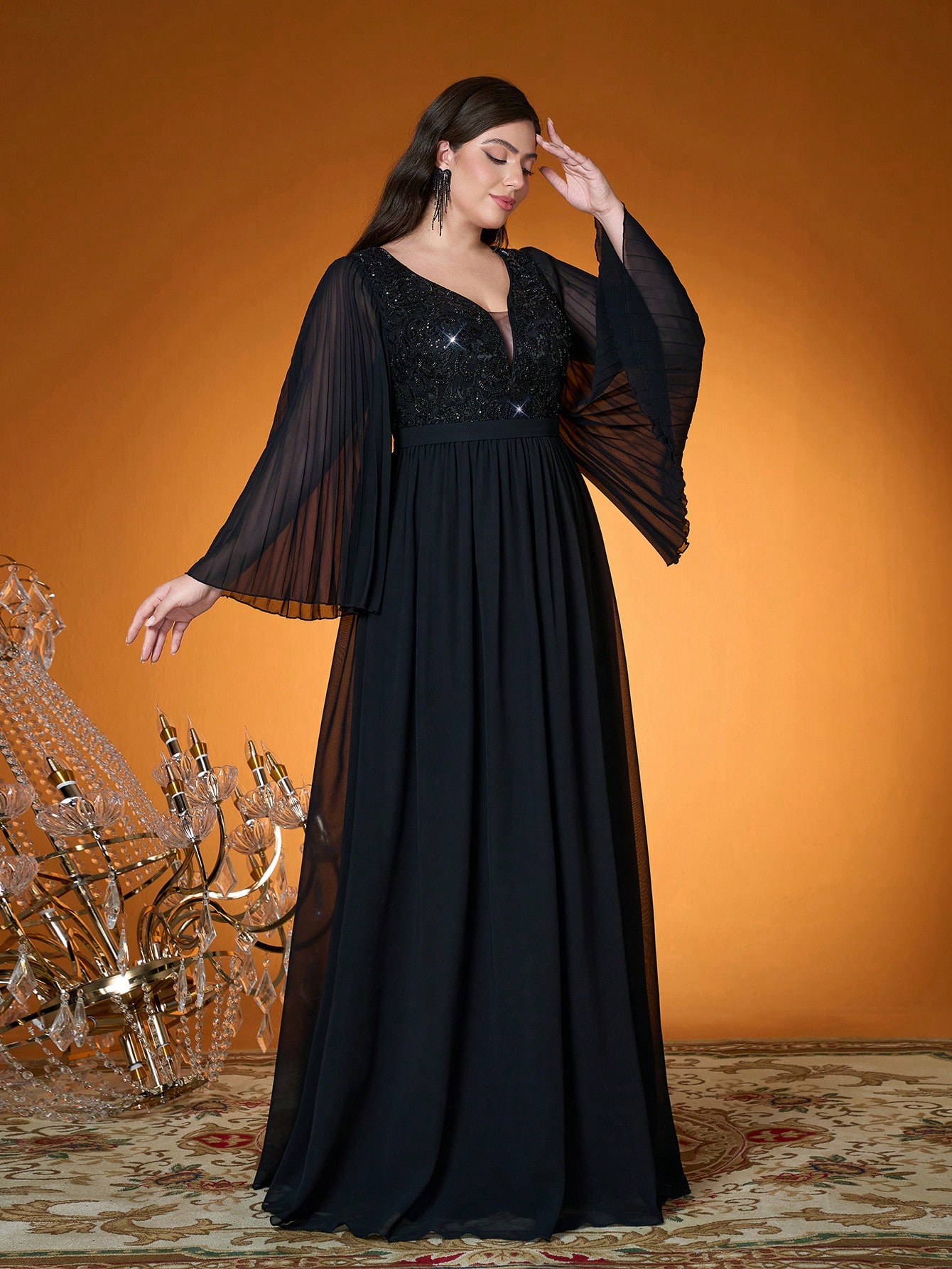 Leely Plus Women's Elegant V Neck Flare Sleeve Party Dress