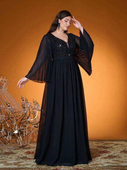 Leely Plus Women's Elegant V Neck Flare Sleeve Party Dress