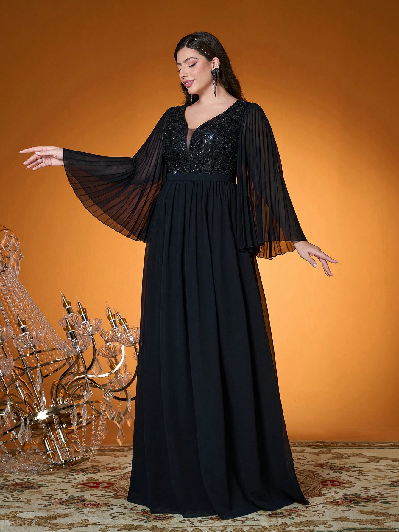 Leely Plus Women's Elegant V Neck Flare Sleeve Party Dress