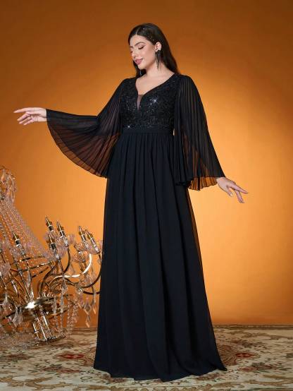 Leely Plus Women's Elegant V Neck Flare Sleeve Party Dress