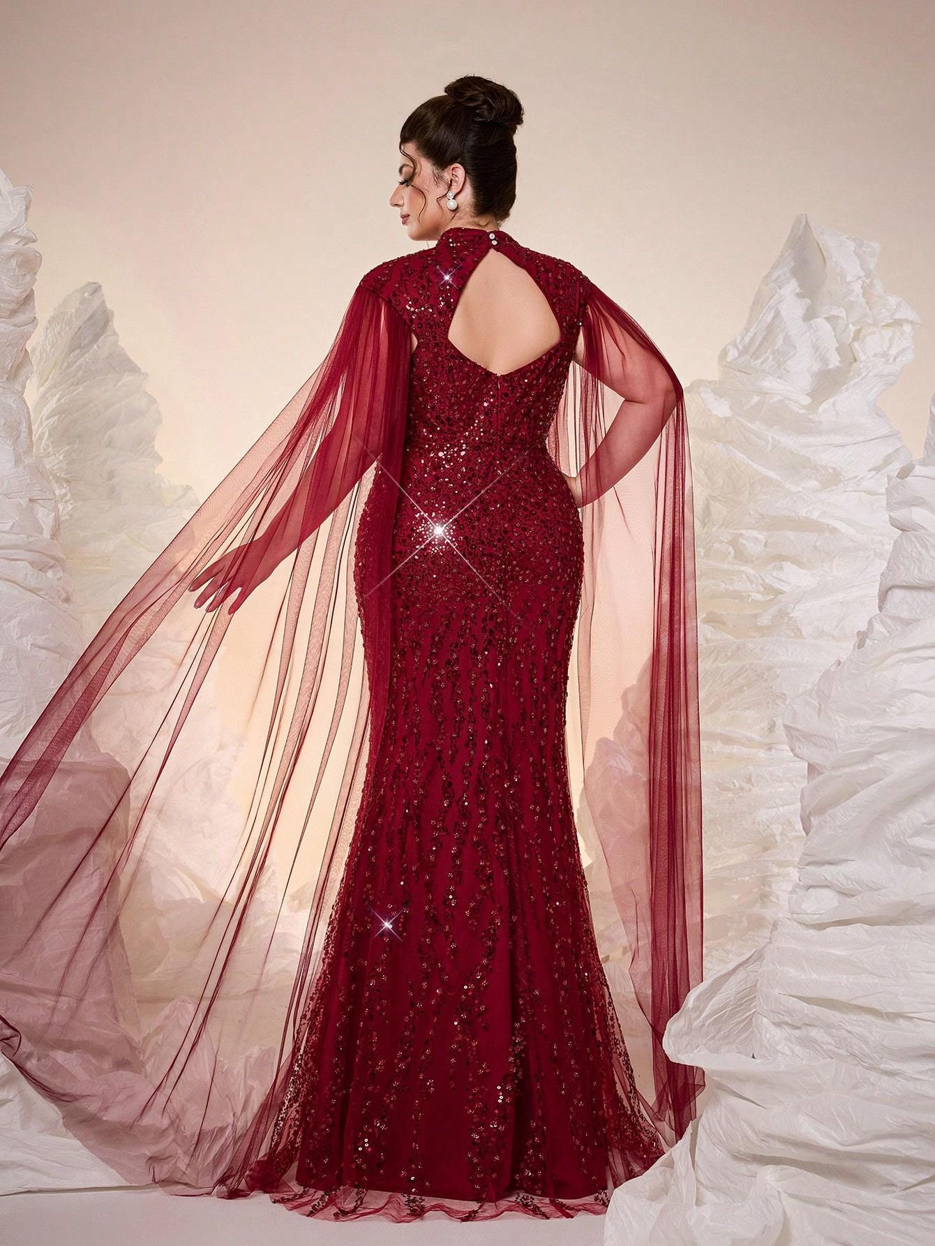 Leely Plus Women's Elegant Halter Extra-Long Sleeve Evening Gown