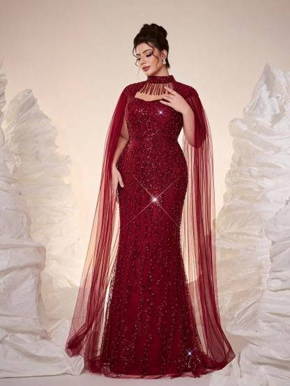 Leely Plus Women's Elegant Halter Extra-Long Sleeve Evening Gown