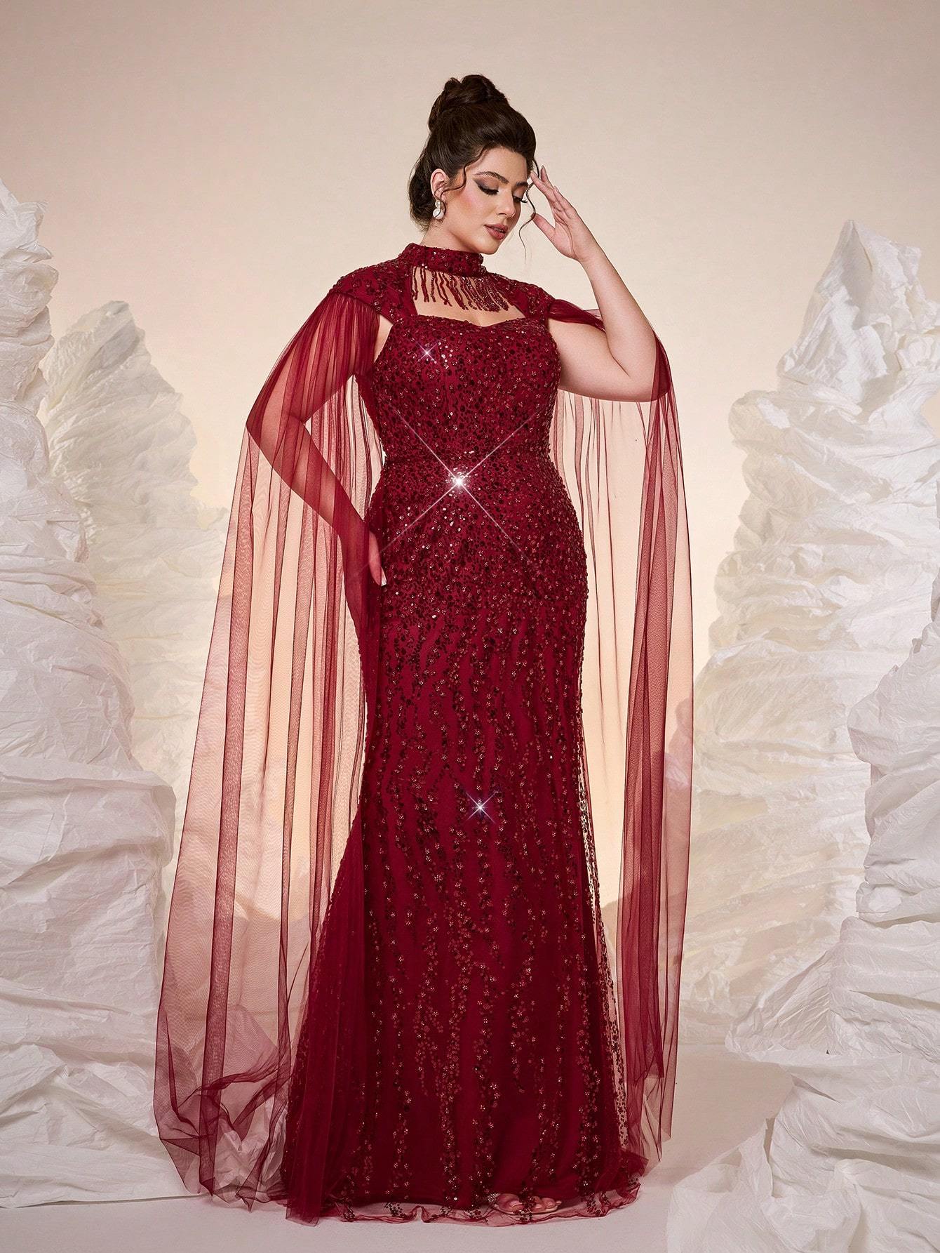 Leely Plus Women's Elegant Halter Extra-Long Sleeve Evening Gown