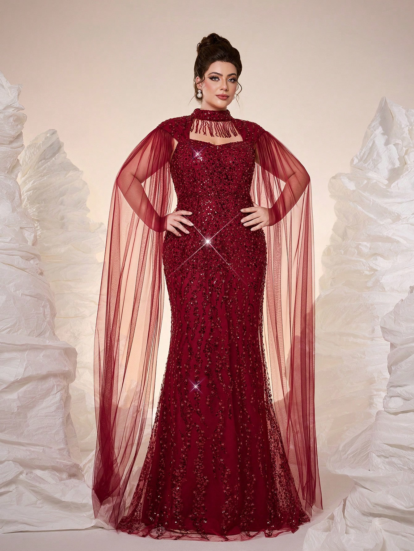 Leely Plus Women's Elegant Halter Extra-Long Sleeve Evening Gown