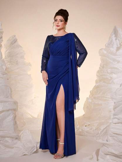 Leely Plus Women's Elegant Round Neck Long Sleeve Party Dress