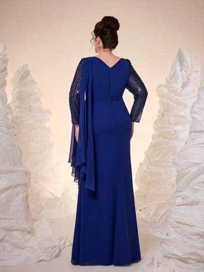 Leely Plus Women's Elegant Round Neck Long Sleeve Party Dress