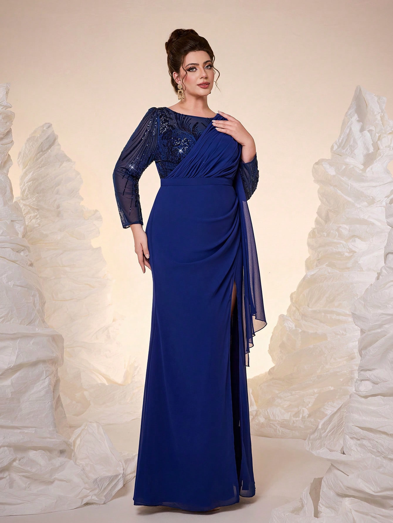 Leely Plus Women's Elegant Round Neck Long Sleeve Party Dress