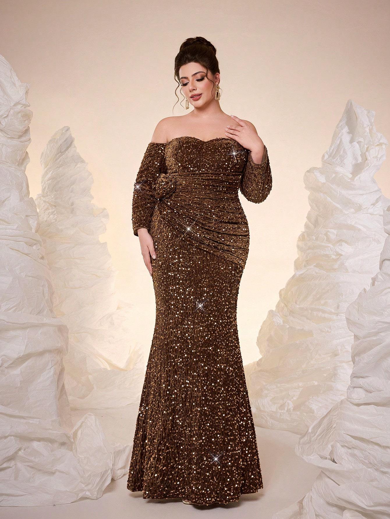 Leely Plus Women's Elegant Off The Shoulder Long Sleeve Party Dress
