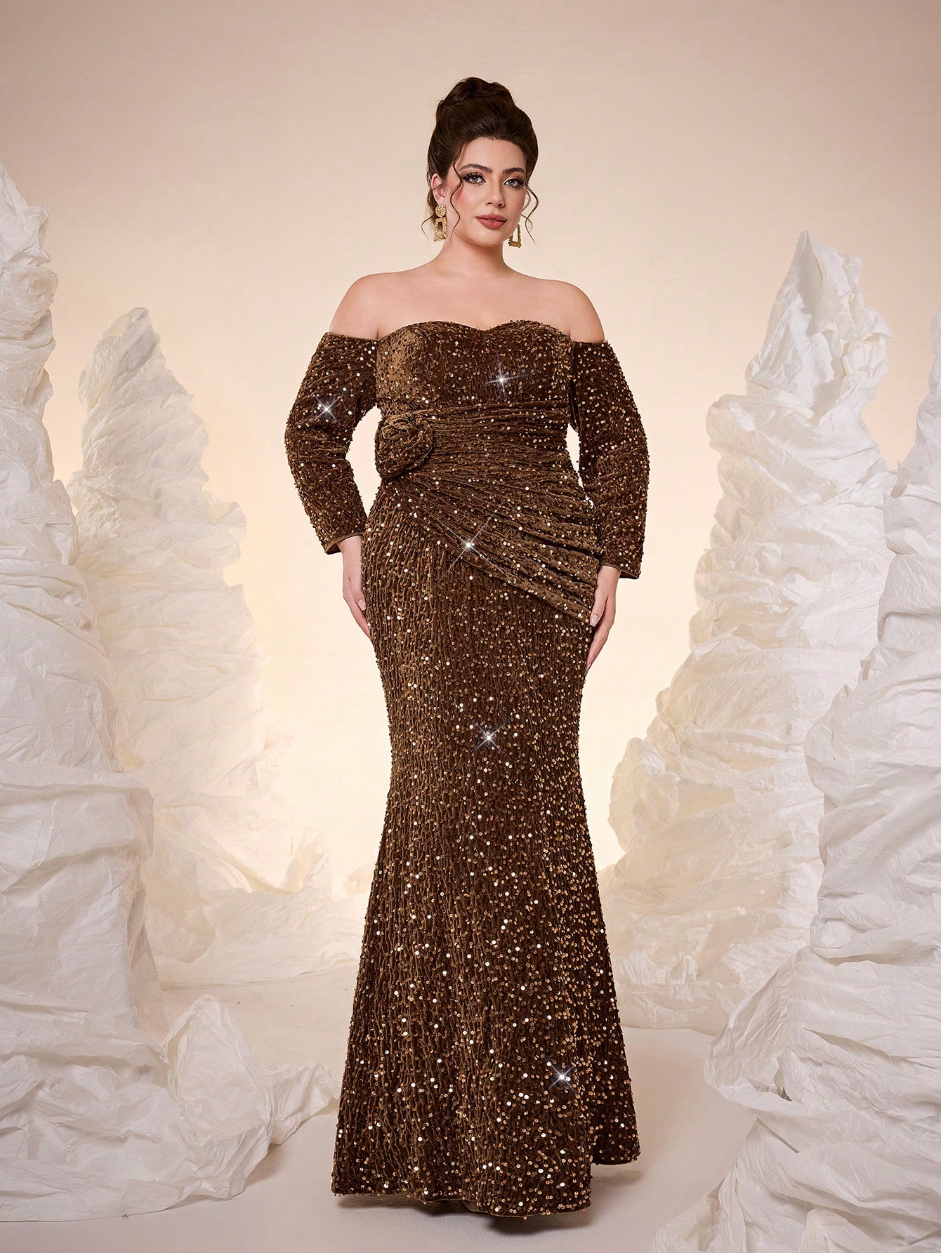 Leely Plus Women's Elegant Off The Shoulder Long Sleeve Party Dress