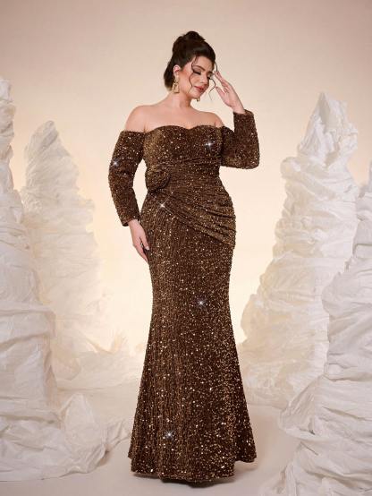 Leely Plus Women's Elegant Off The Shoulder Long Sleeve Party Dress