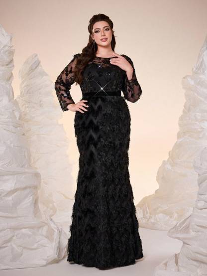 Leely Plus Women's Elegant Round Neck Long Sleeve Party Dress