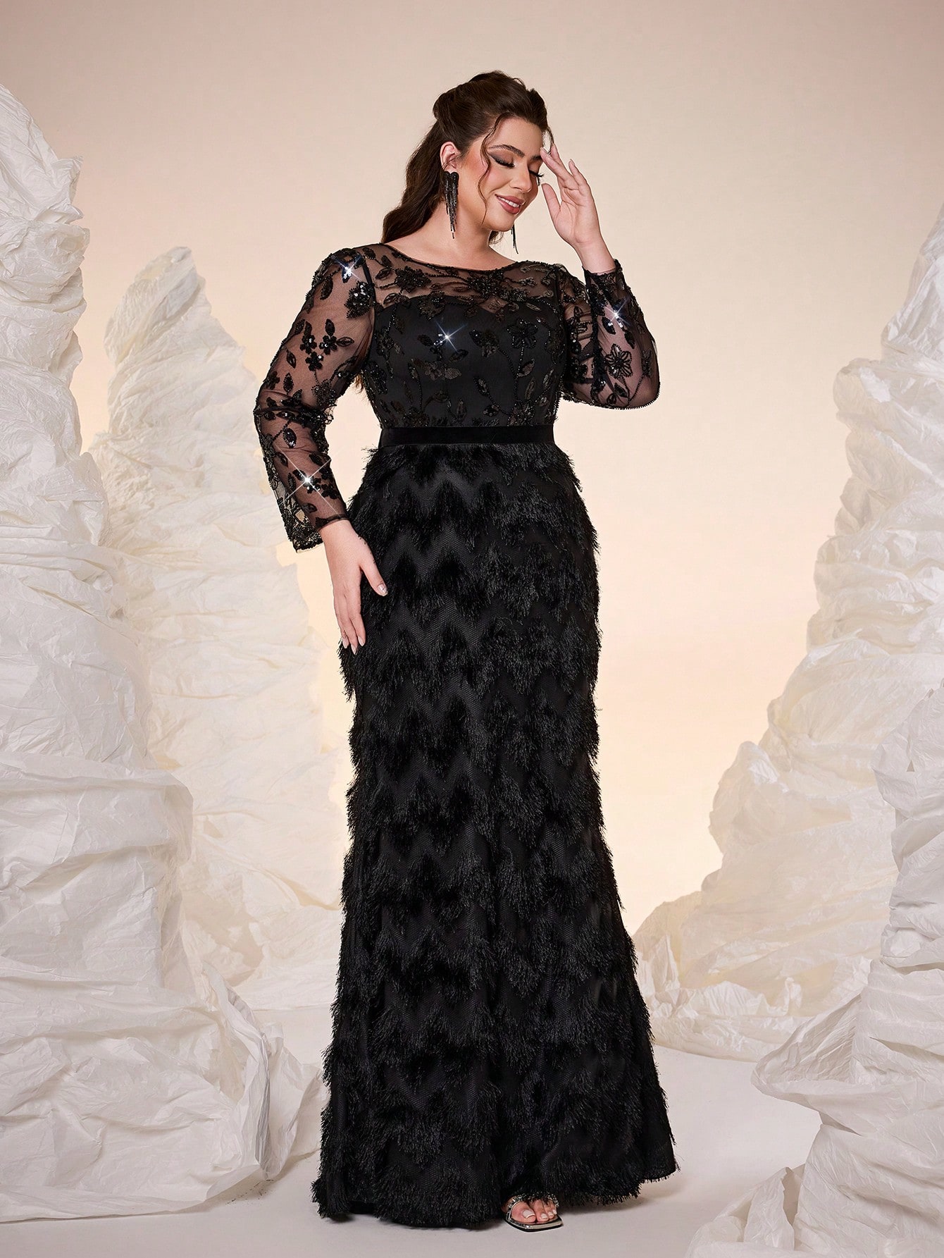 Leely Plus Women's Elegant Round Neck Long Sleeve Party Dress