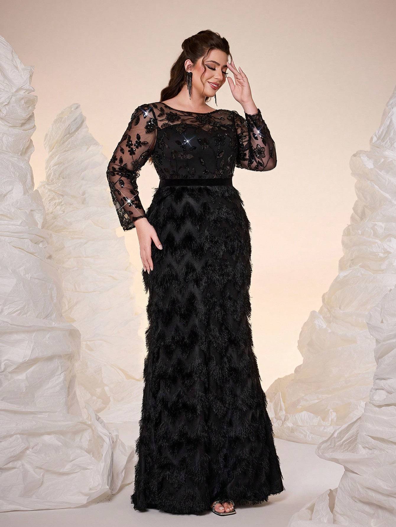 Leely Plus Women's Elegant Round Neck Long Sleeve Party Dress