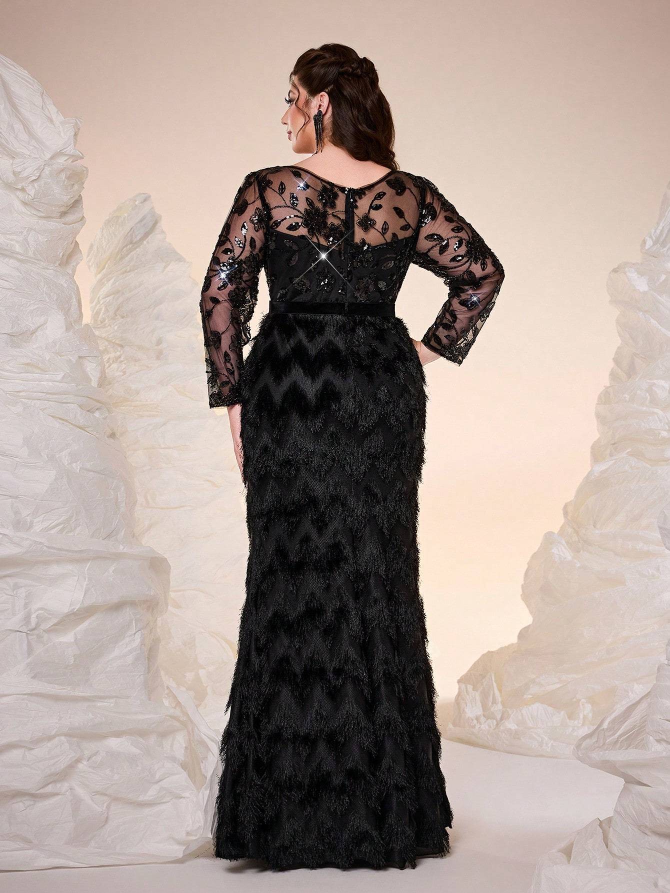 Leely Plus Women's Elegant Round Neck Long Sleeve Party Dress