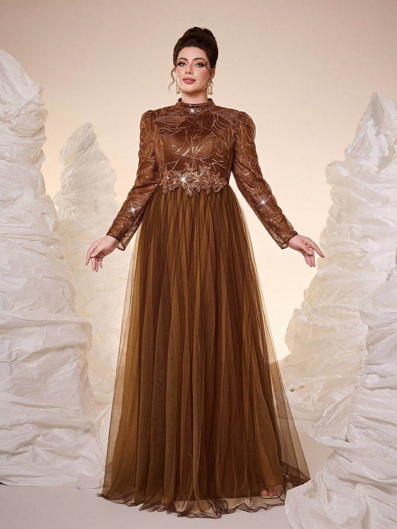 Leely Plus Women's Elegant High Neck Long Sleeve Party Dresses