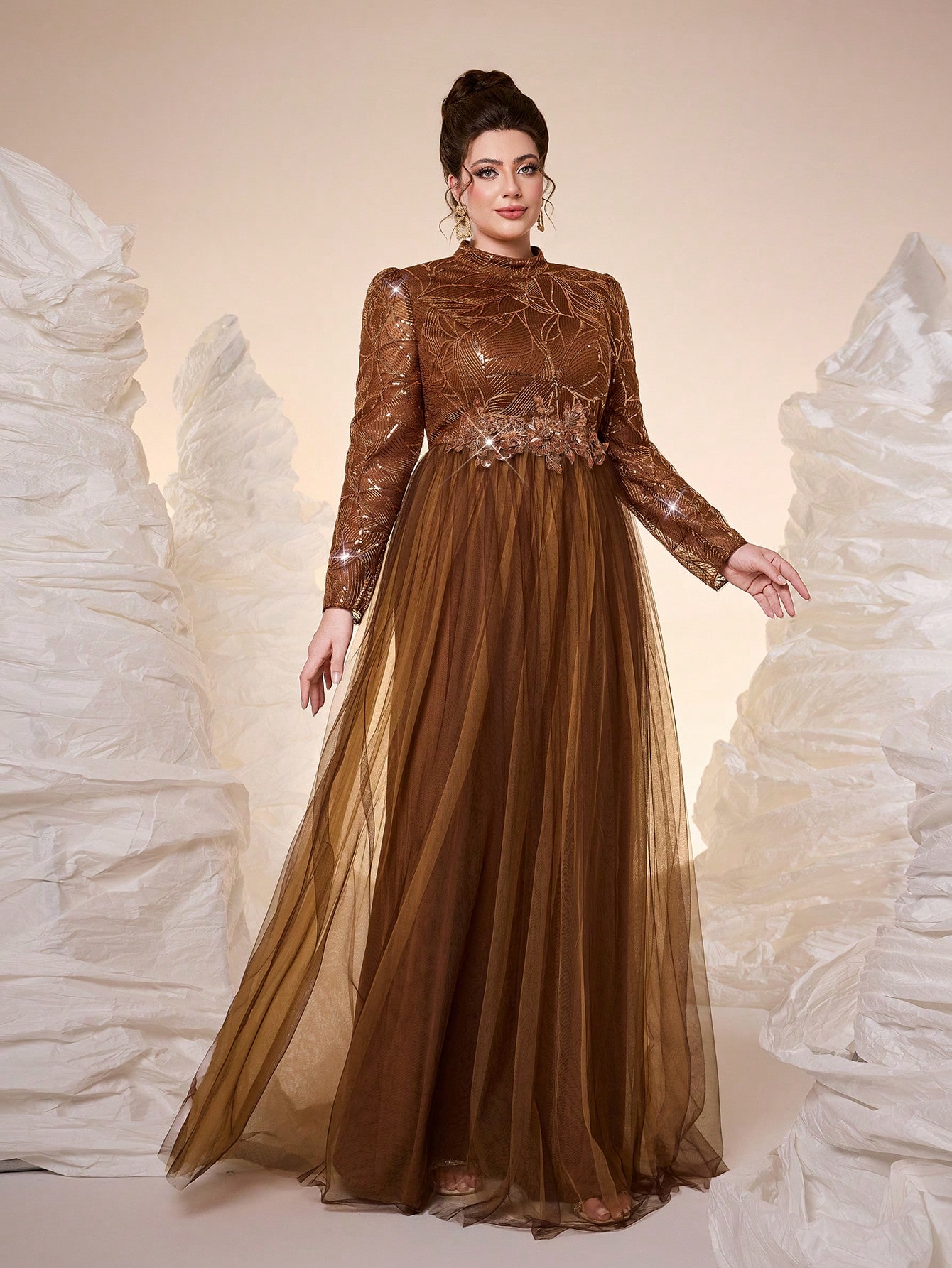 Leely Plus Women's Elegant High Neck Long Sleeve Party Dresses