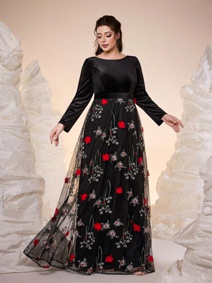Leely Plus Women's Elegant Round Neck Long Sleeve Party Dress