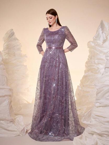 Leely Round Neck Long Sleeve Prom Dress