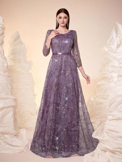 Leely Round Neck Long Sleeve Prom Dress