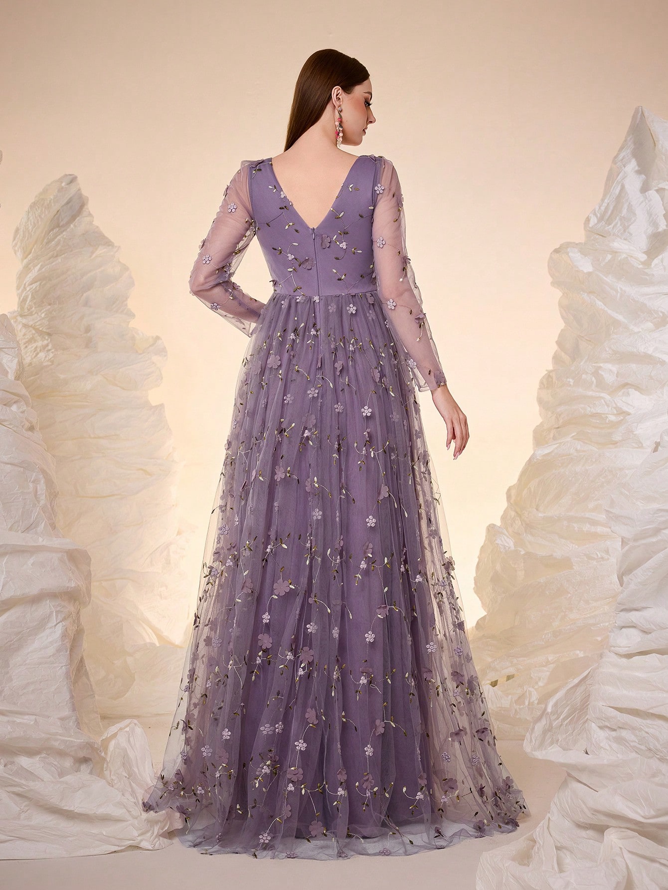 Leely V Neck Long Sleeve Prom Dress