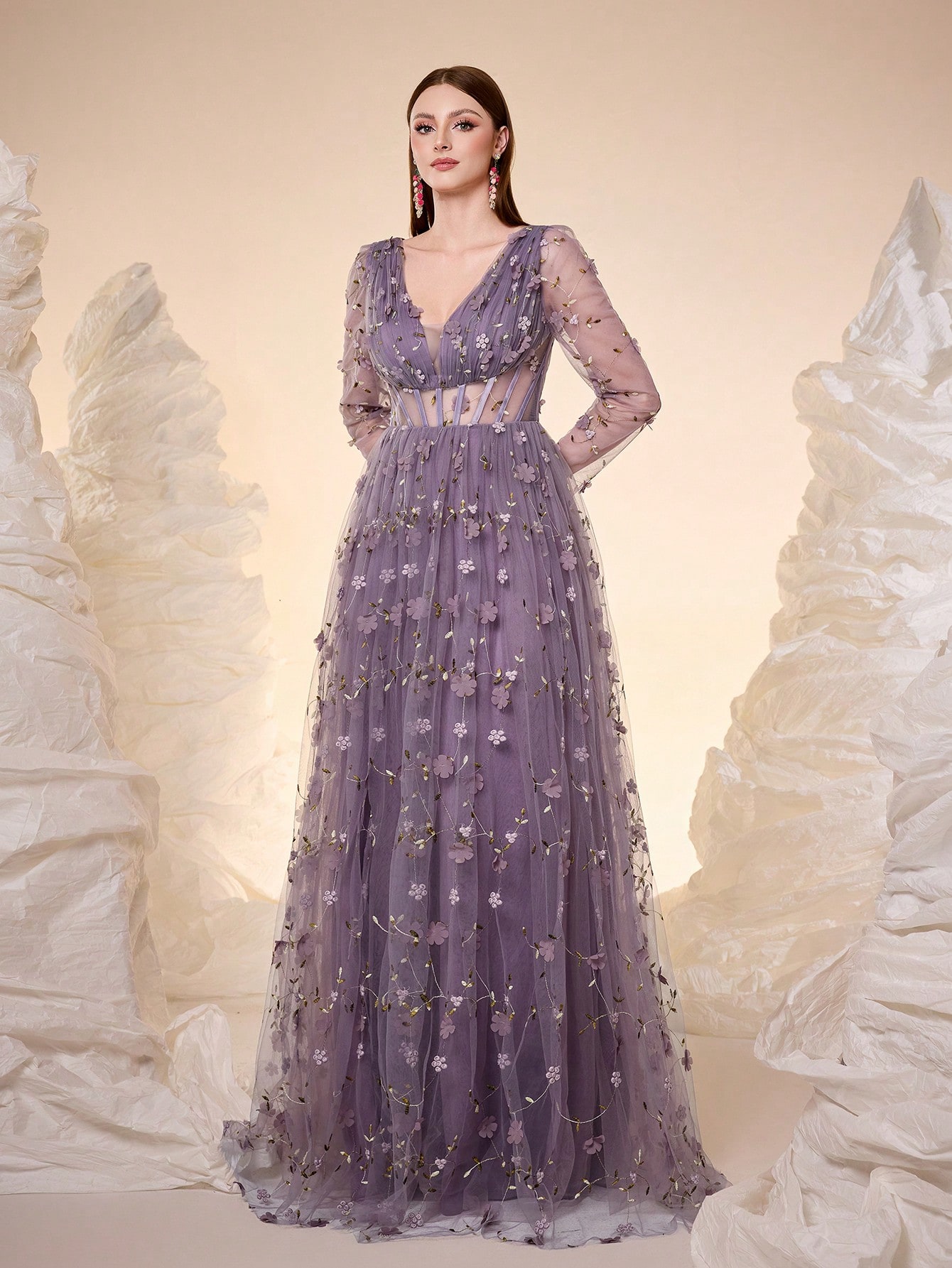 Leely V Neck Long Sleeve Prom Dress