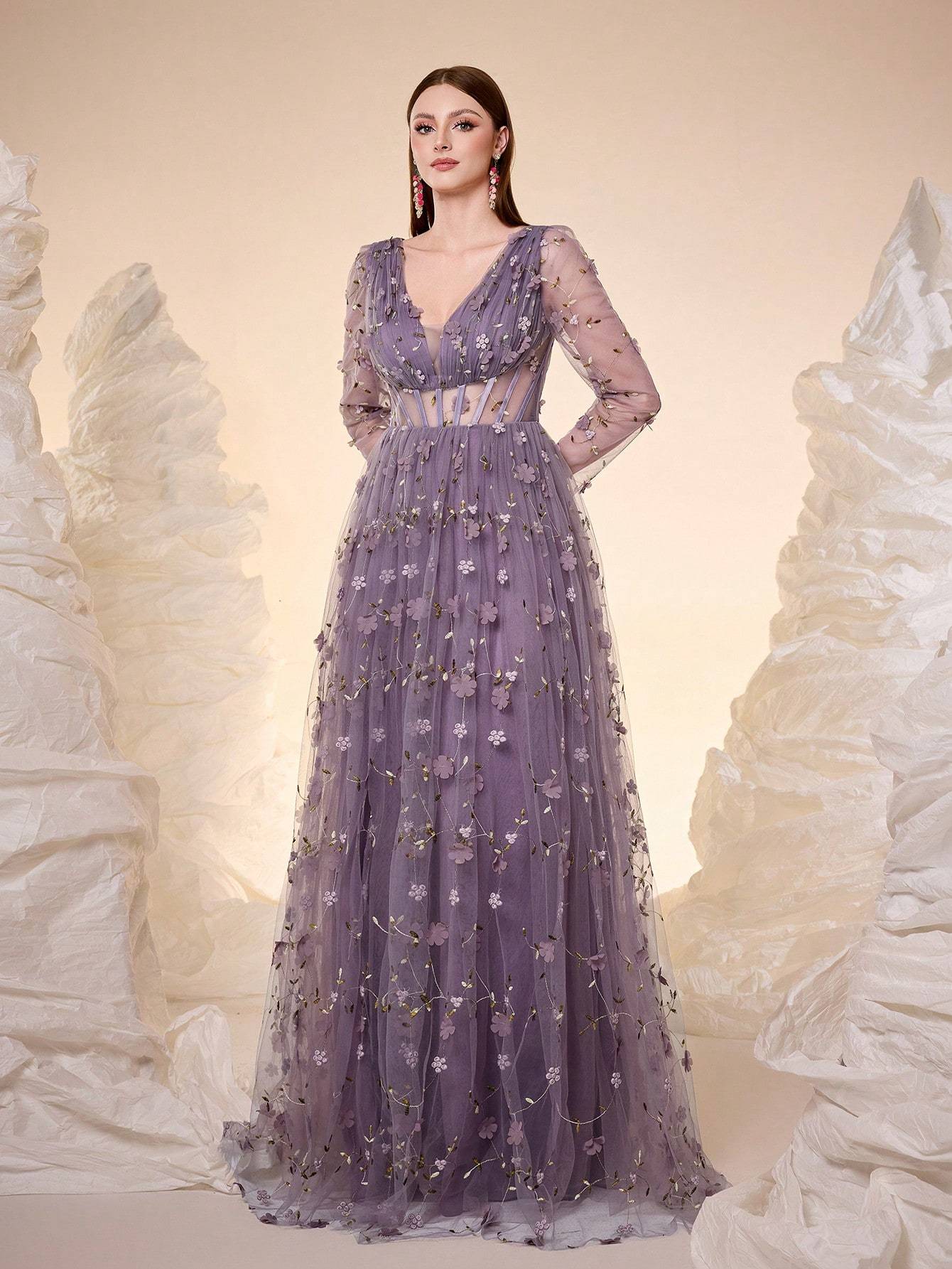 Leely V Neck Long Sleeve Prom Dress