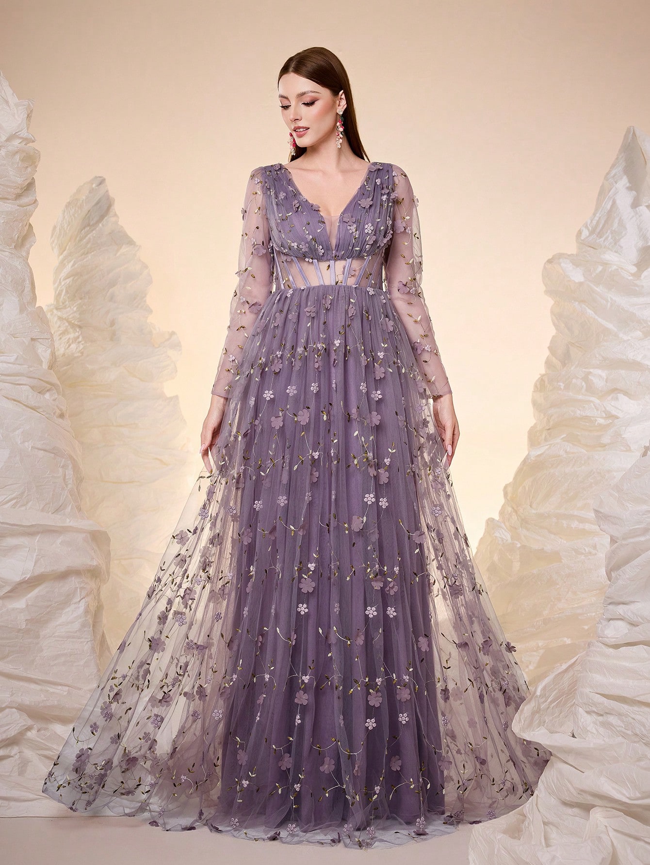 Leely V Neck Long Sleeve Prom Dress