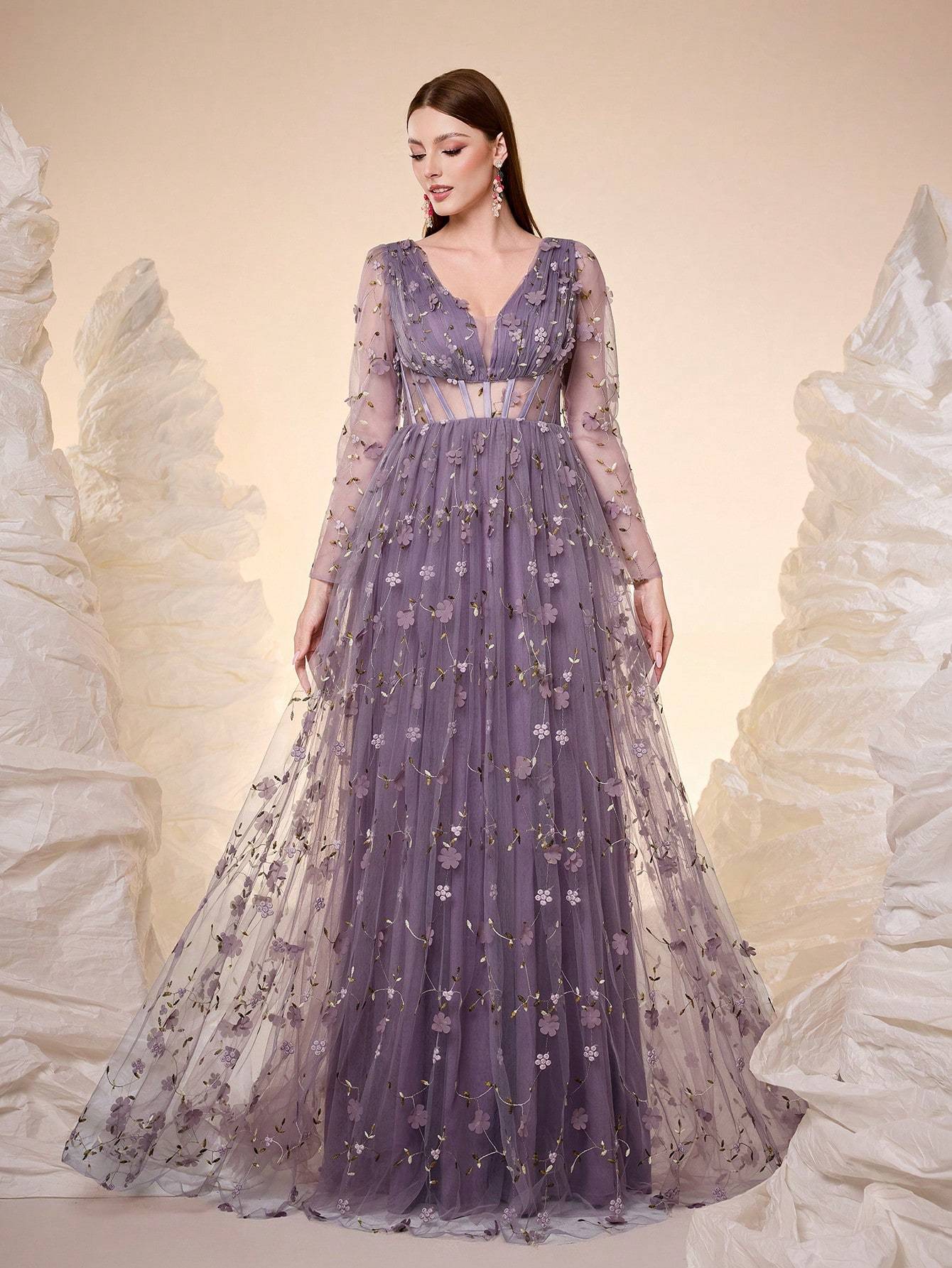Leely V Neck Long Sleeve Prom Dress