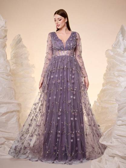 Leely V Neck Long Sleeve Prom Dress