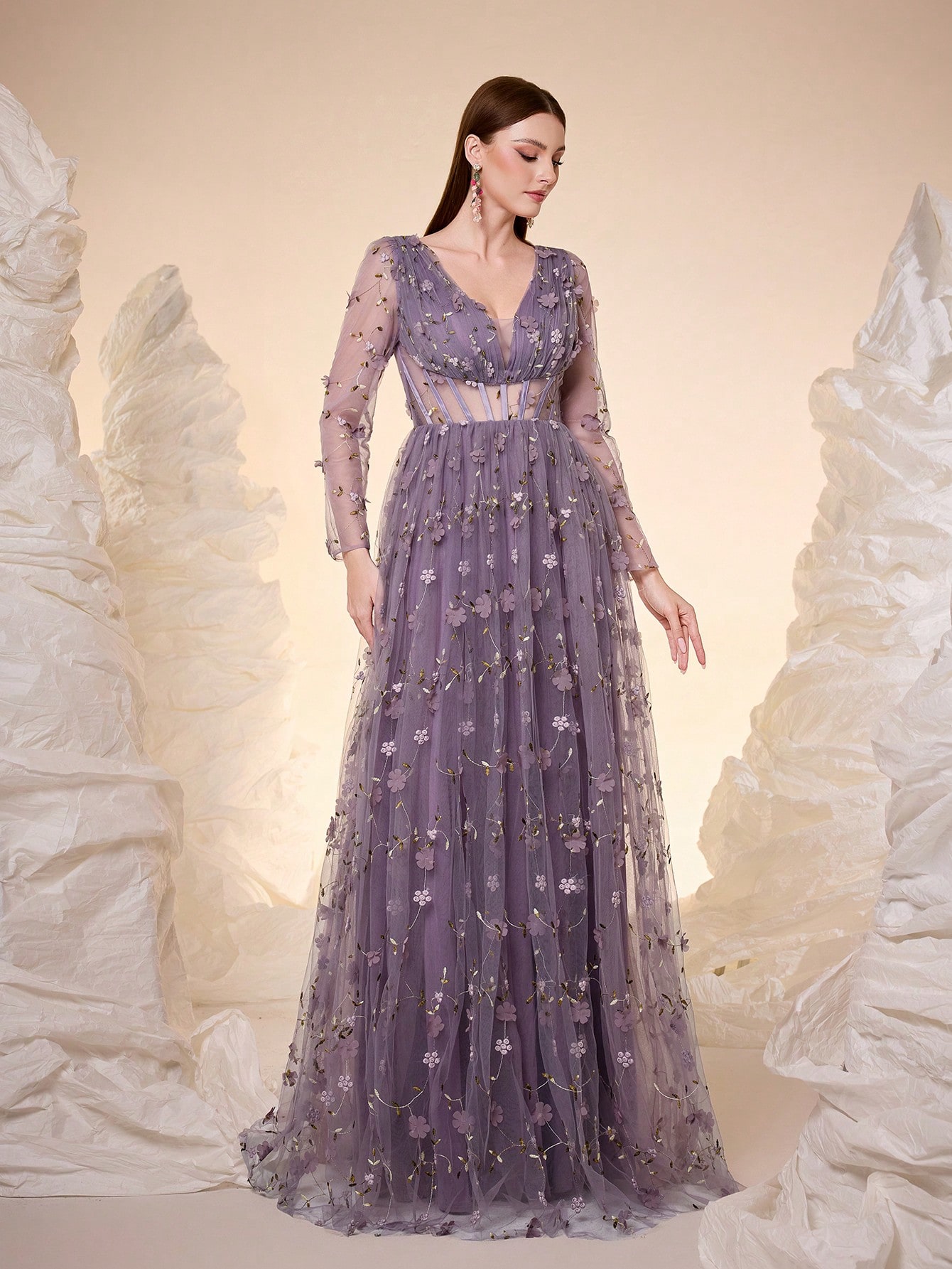 Leely V Neck Long Sleeve Prom Dress