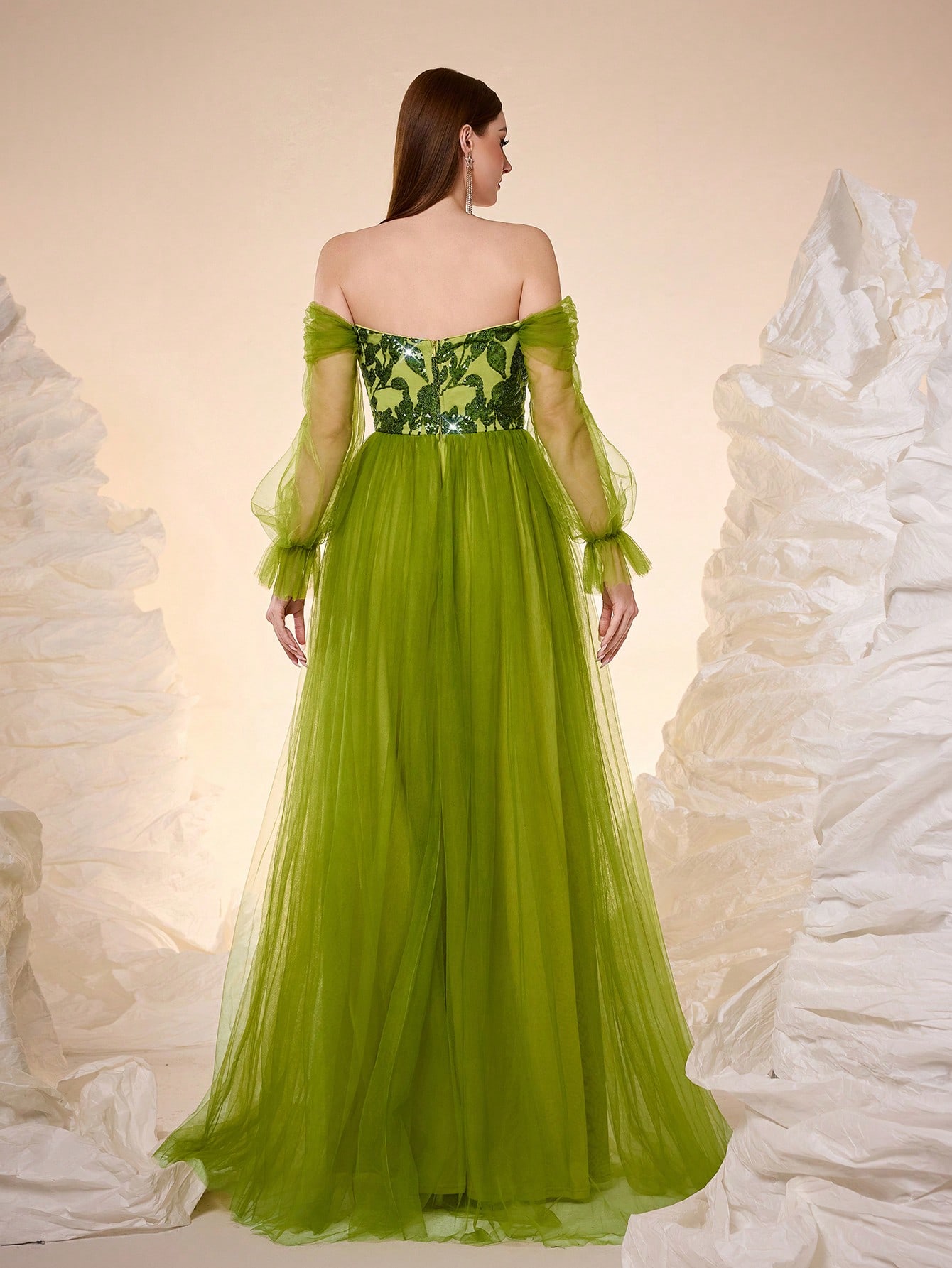 Leely Elegant Off The Shoulder Bishop Sleeve Evening Gown
