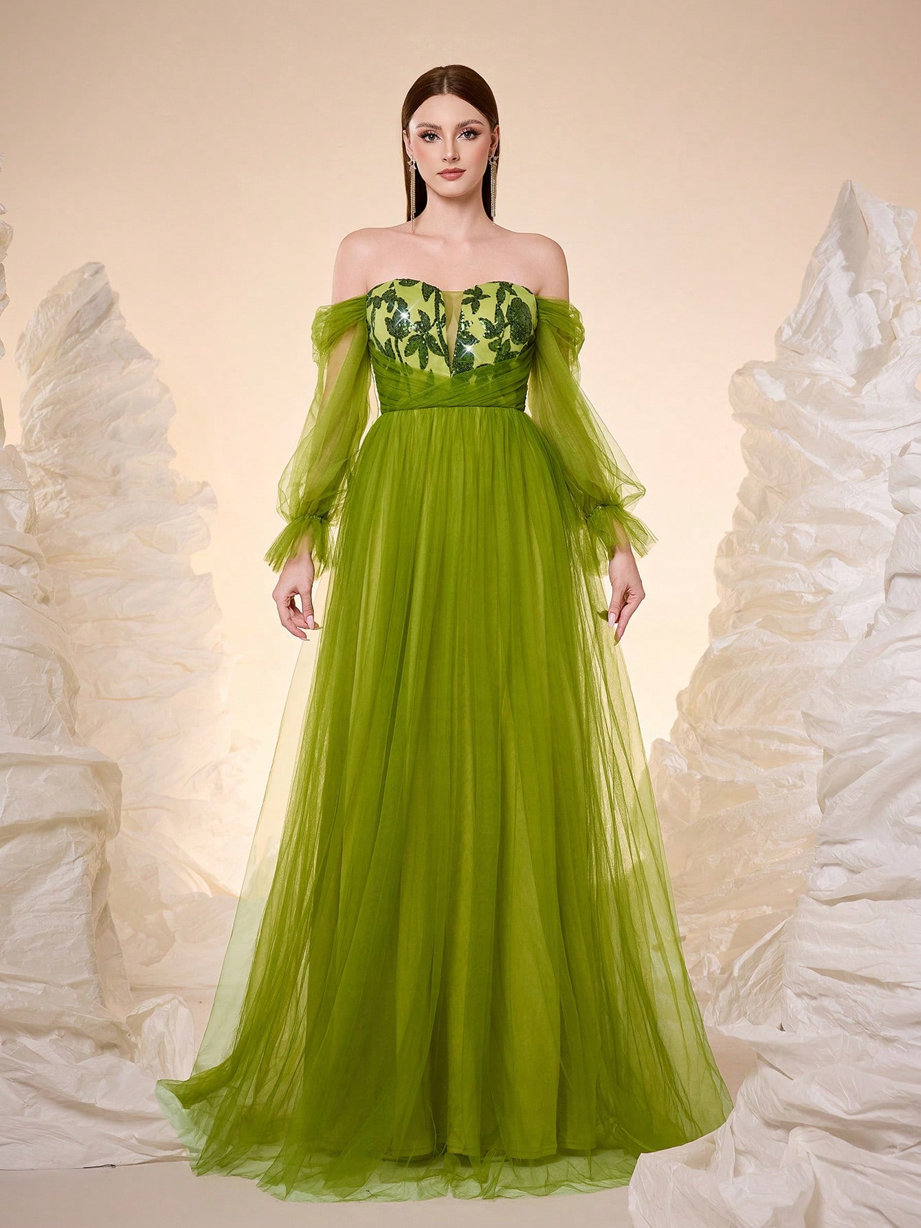 Leely Elegant Off The Shoulder Bishop Sleeve Evening Gown