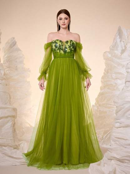 Leely Elegant Off The Shoulder Bishop Sleeve Evening Gown