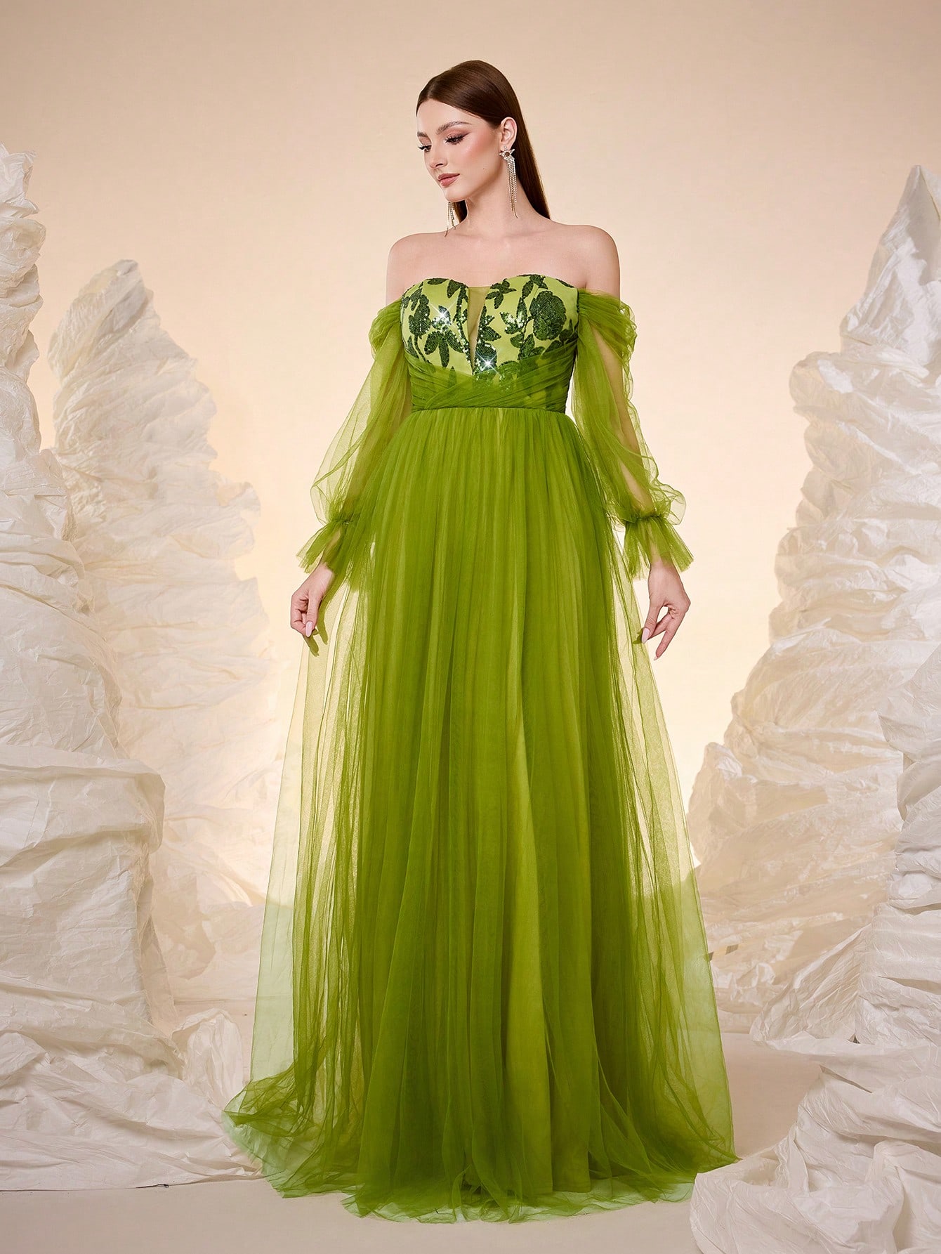 Leely Elegant Off The Shoulder Bishop Sleeve Evening Gown