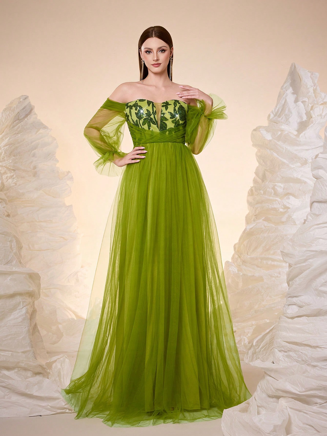 Leely Elegant Off The Shoulder Bishop Sleeve Evening Gown